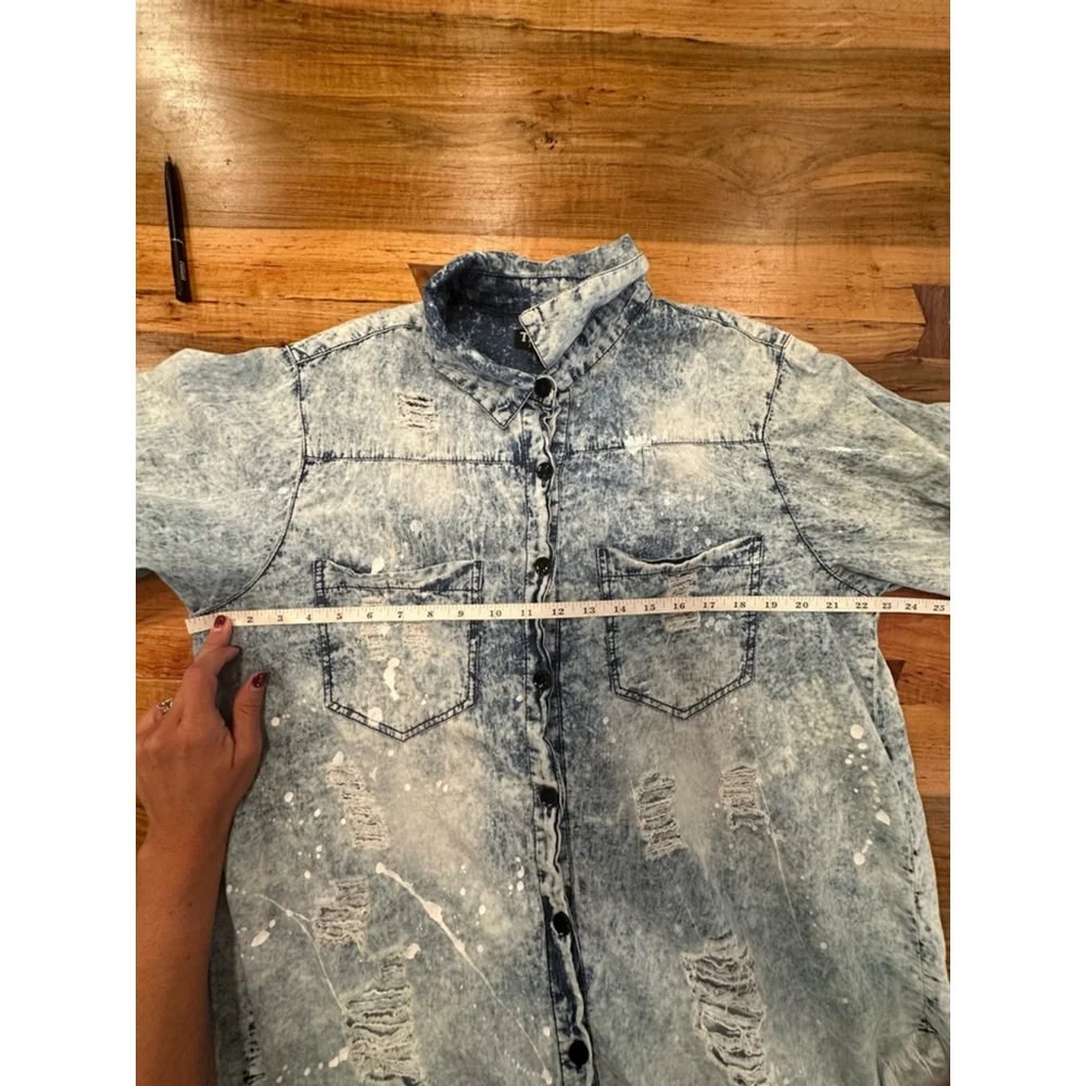 Women's Thrill Jeans Denim Shirt Dress 2X Blue Distressed - Picture 9 of 10